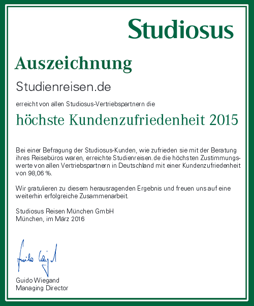 studienreisen.de: wir haben die höchste Kundenzufriedenheit - Auszeichnung von Studiosus