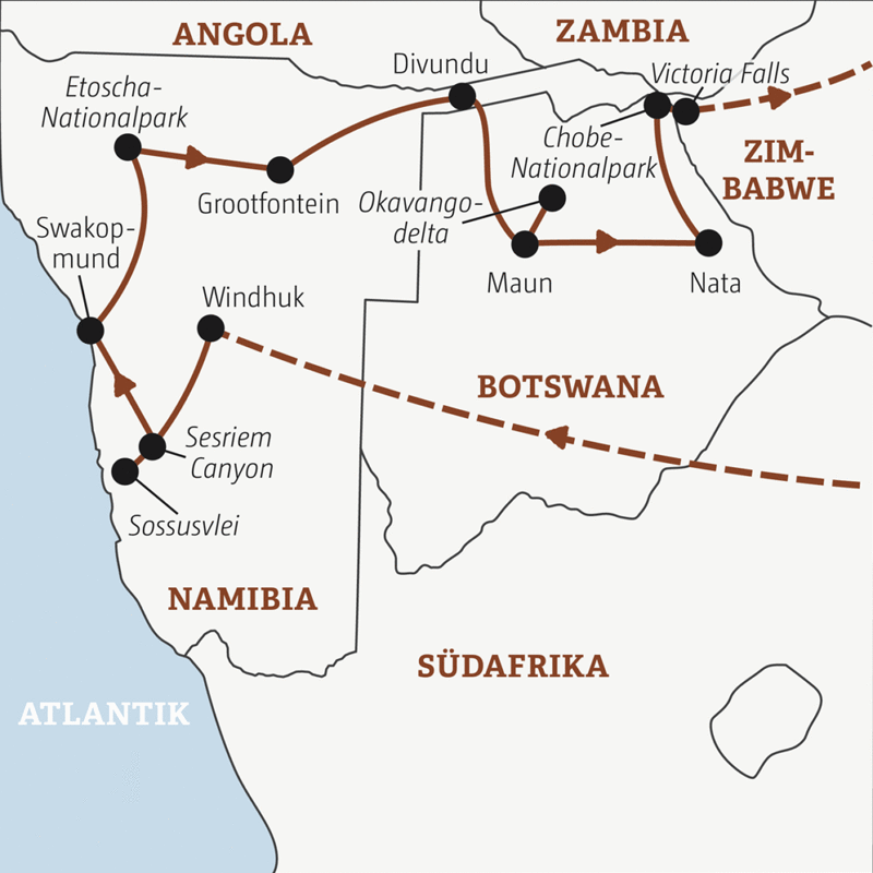 Marco Polo Reisen - Namibia – Botswana – Zimbabwe - Lodge Hopping Richtung Victoria Falls