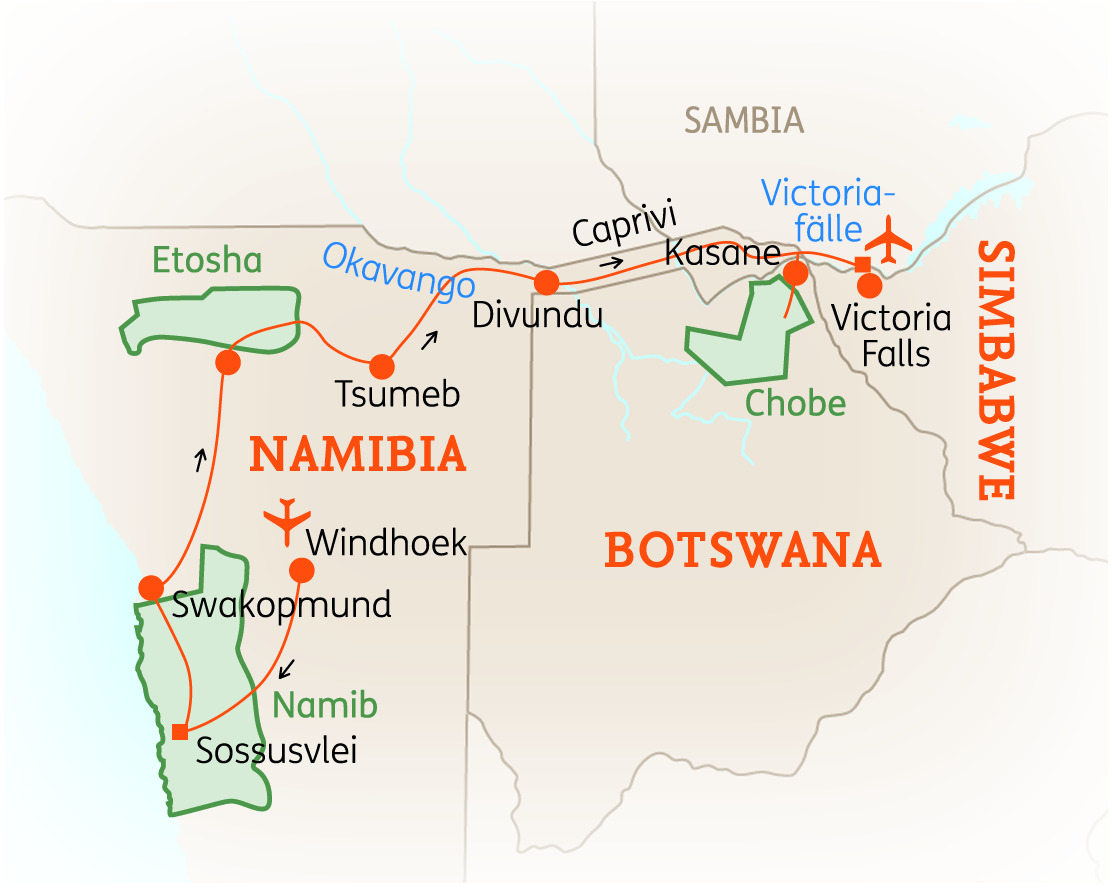  - Namibia & Botswana: H&ouml;hepunkte im Norden mit Victoriaf&auml;llen