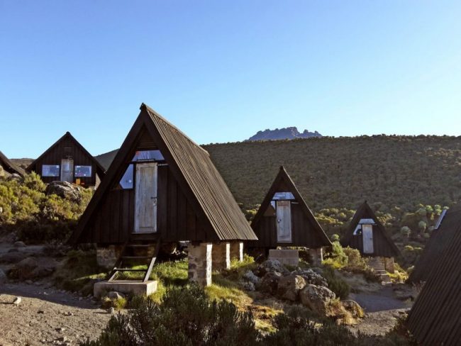 Der Mawenzi lugt schon hinter den Horombo-H&uuml;tten hervor